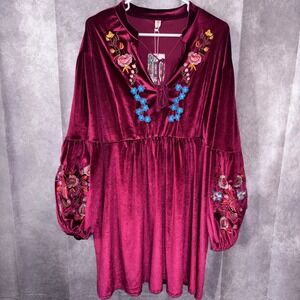 New Women's Plus Size 4X Velvet Embroidered Boho Dress Burgundy Floral Tassel